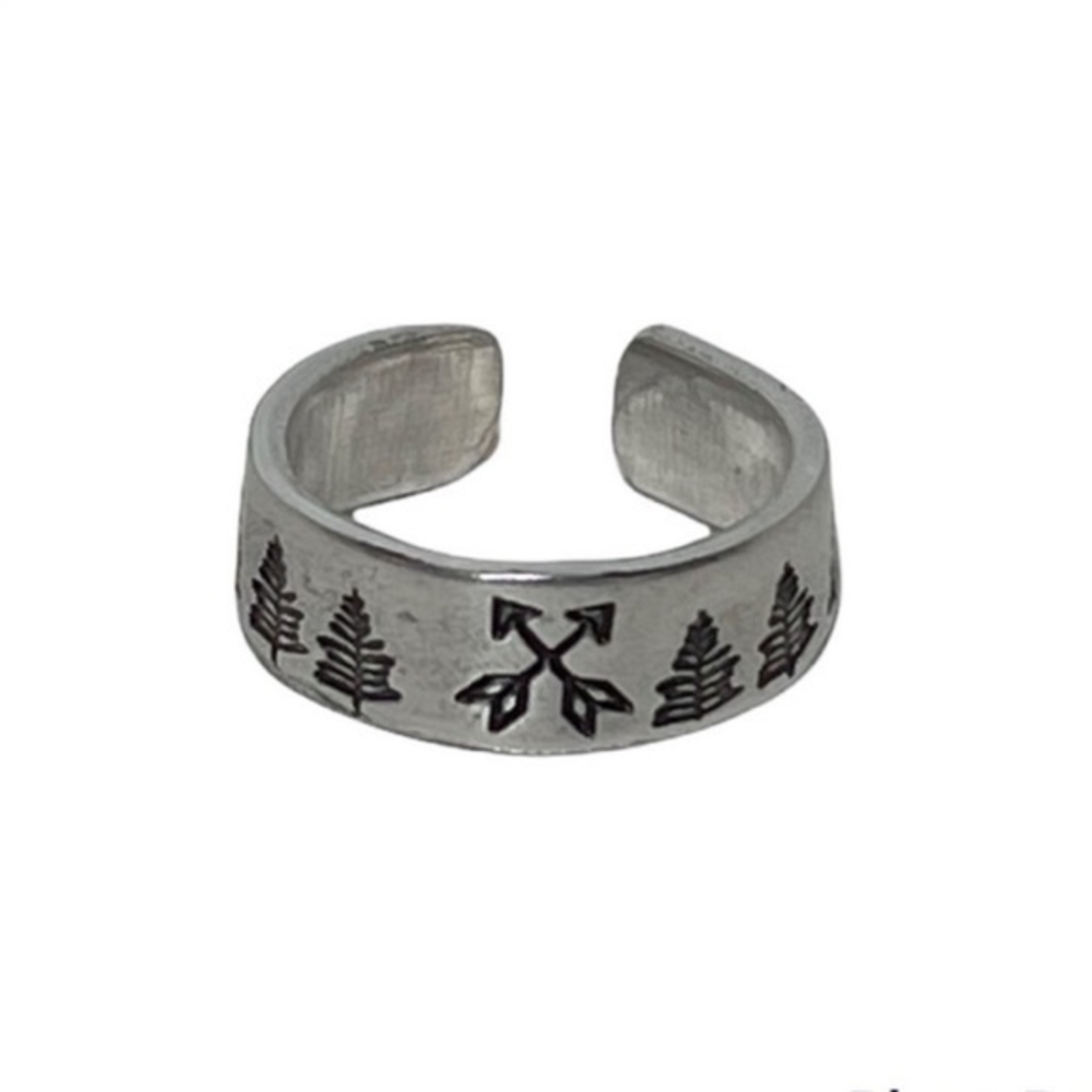 Handmade‎ stamped 7/8 mountains scene silver adjustable hypoallergenic cuff ring